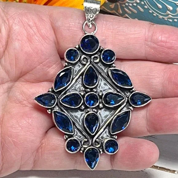 London Blue Topaz Pendant Gemstone Crystal Handmade 925 Silver Bohemian Ethnic - Picture 8 of 10